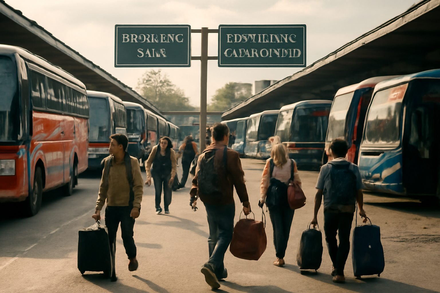 Suasana terminal bus antarkota dengan penumpang dan bus di jalur keberangkatan