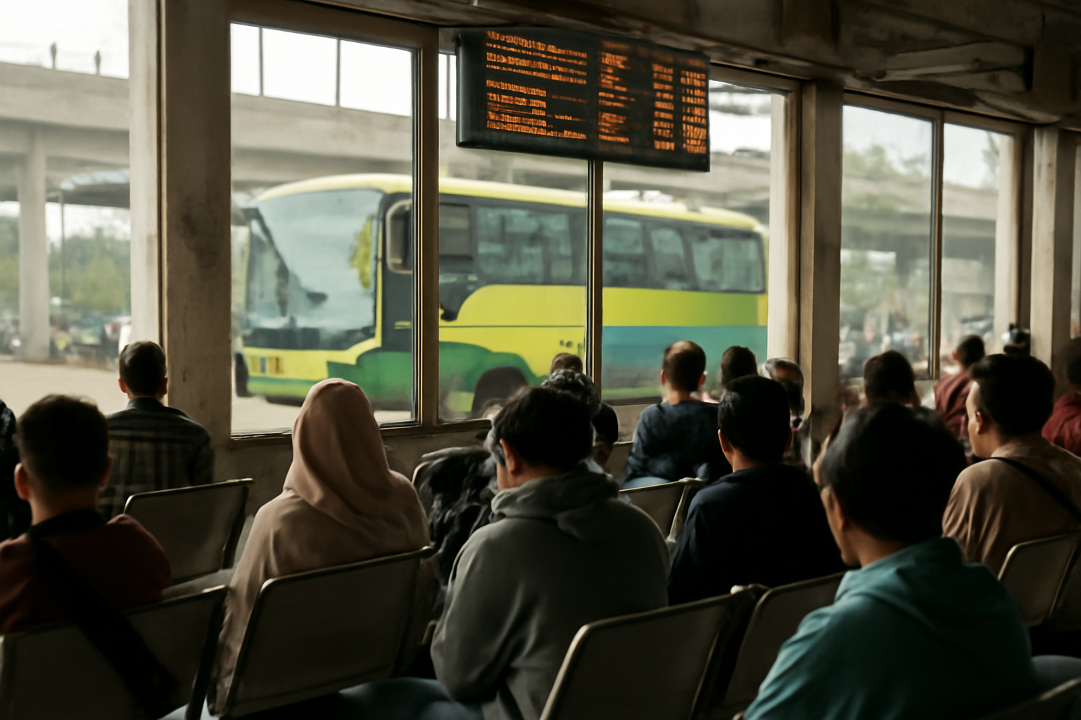 Suasana ruang tunggu terminal bus antar kota dengan penumpang menunggu keberangkatan