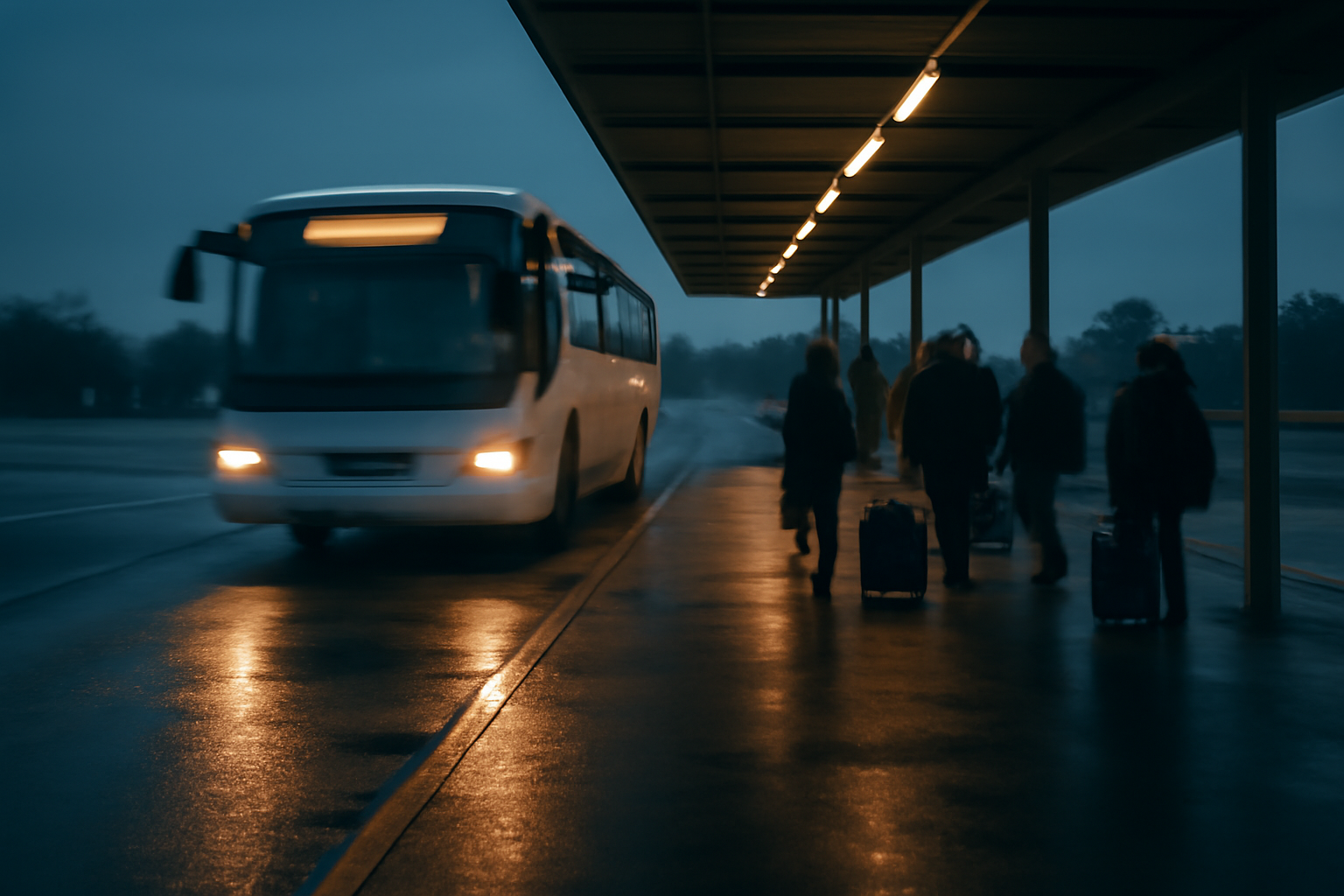 Bus antar kota tiba di peron terminal pada sore hari dengan penumpang menunggu