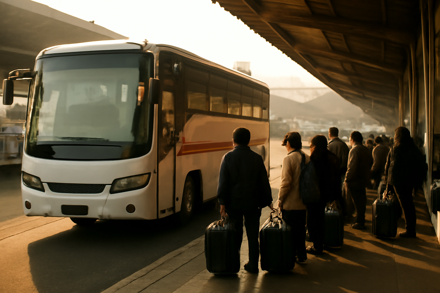 Bus antar kota berhenti di peron terminal dengan calon penumpang dan koper di sekitarnya