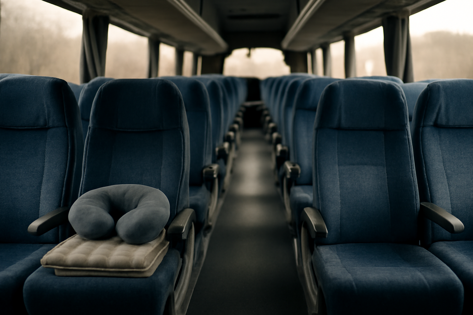 Suasana kabin bus antar kota dengan kursi yang tertata dan barang bawaan penumpang