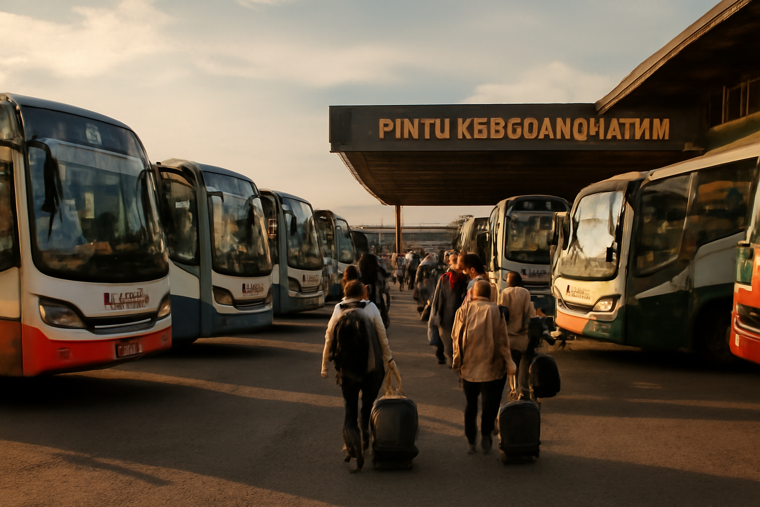 Deretan bus antar kota berbagai kelas berjajar di terminal pada sore hari